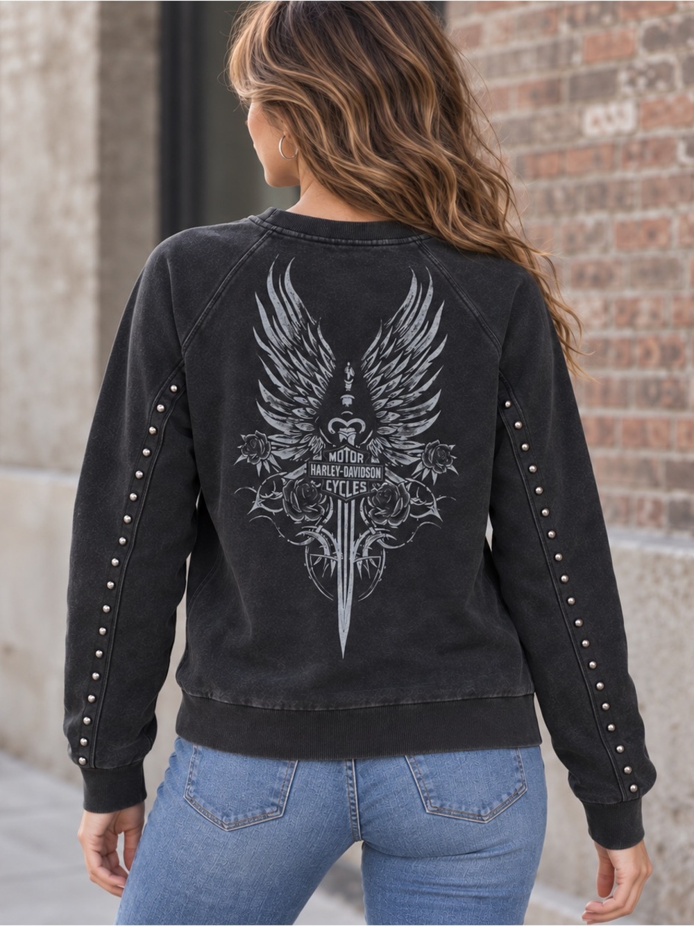 Harley-Davidson Women’s M Studded Cutout Wing Graphic Sweatshirt - Picture 2 of 10